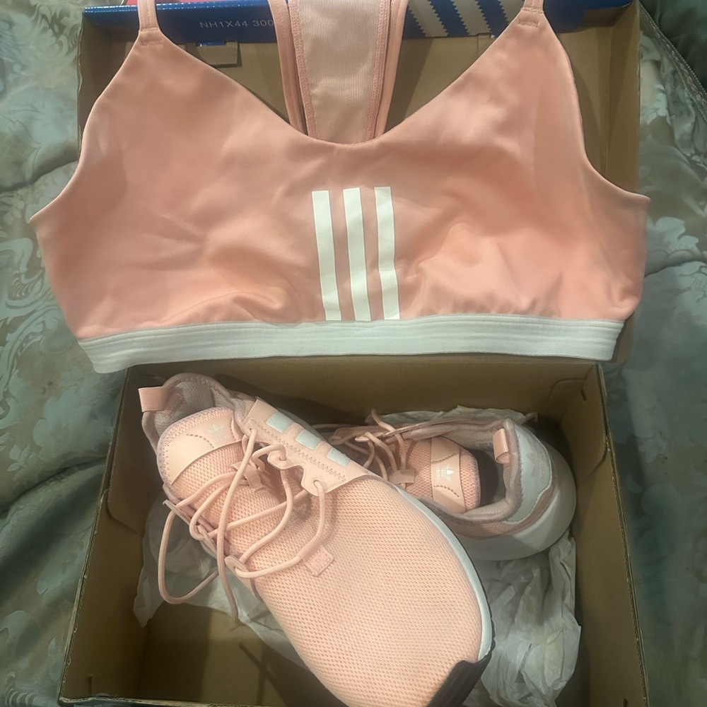 Adidas Women's Pink Athletic Sneakers with Matching Racerback Sports Bra